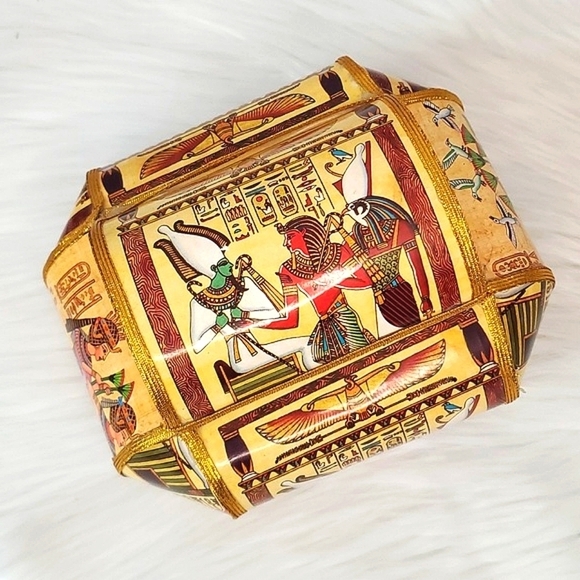 Vintage 90s Egyptian Pharaoh Cleopatra Hieroglyphics Paper Material Trinket Box - Picture 4 of 17